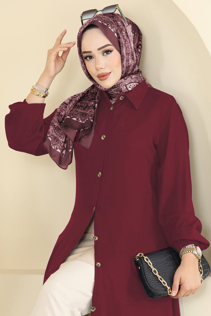 Viscose Tunic with Shirt Collar - Burgundy