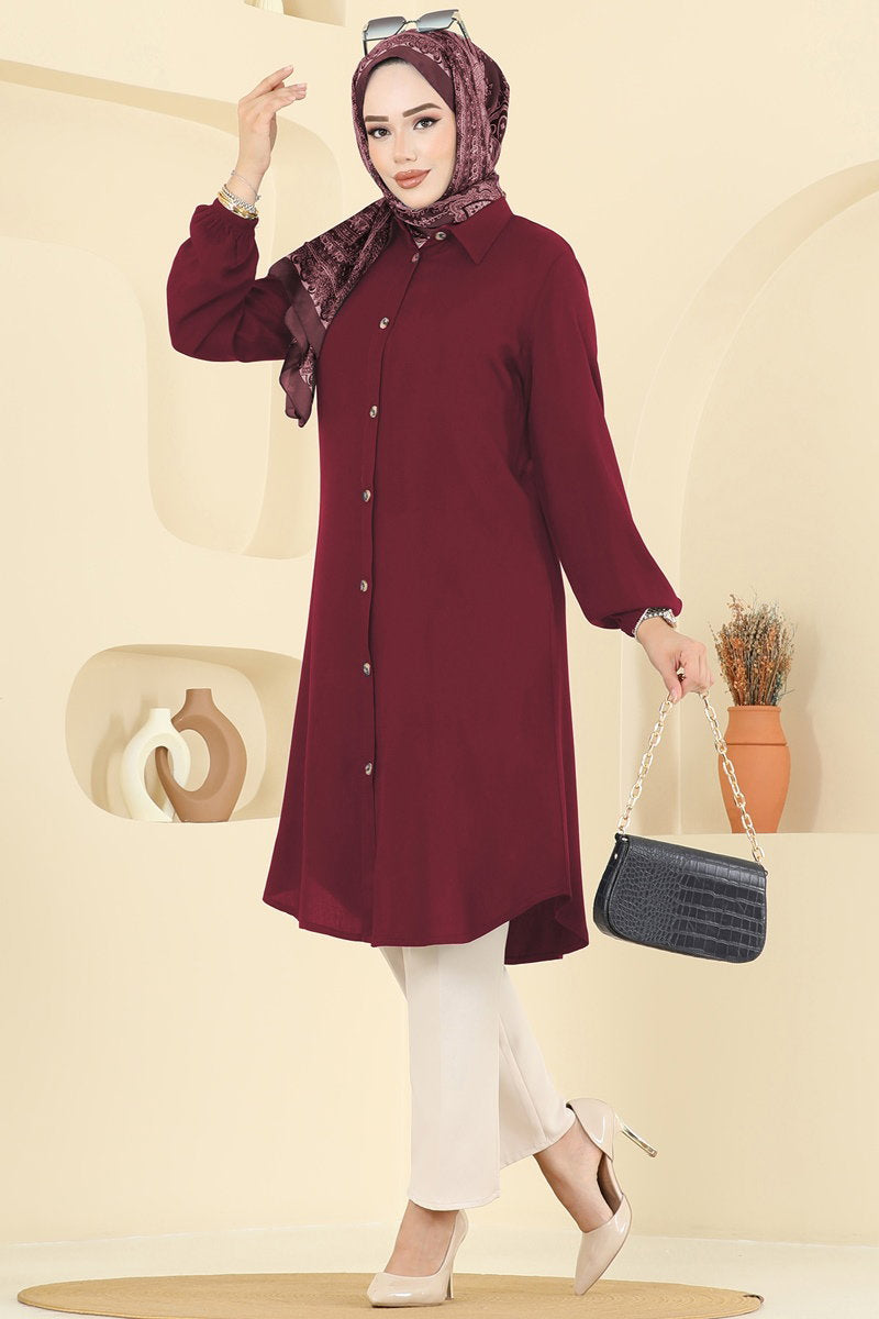 Viscose Tunic with Shirt Collar - Burgundy