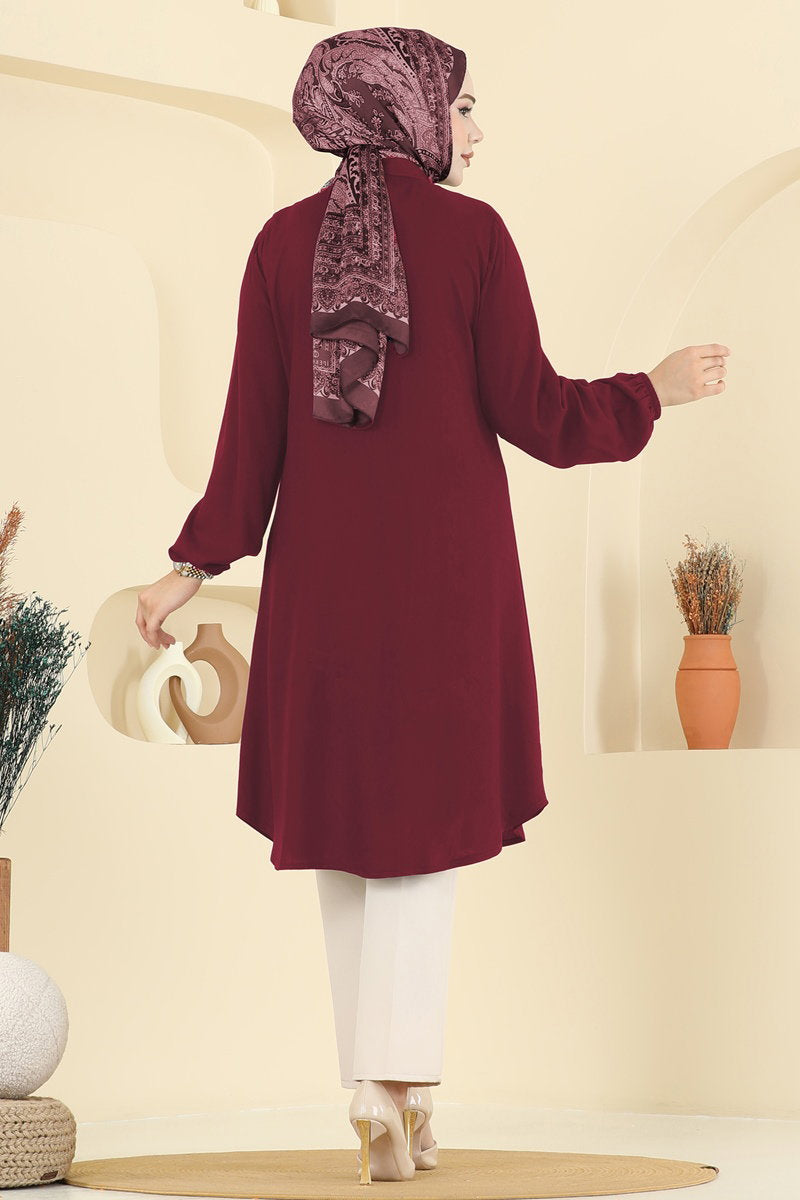 Viscose Tunic with Shirt Collar - Burgundy