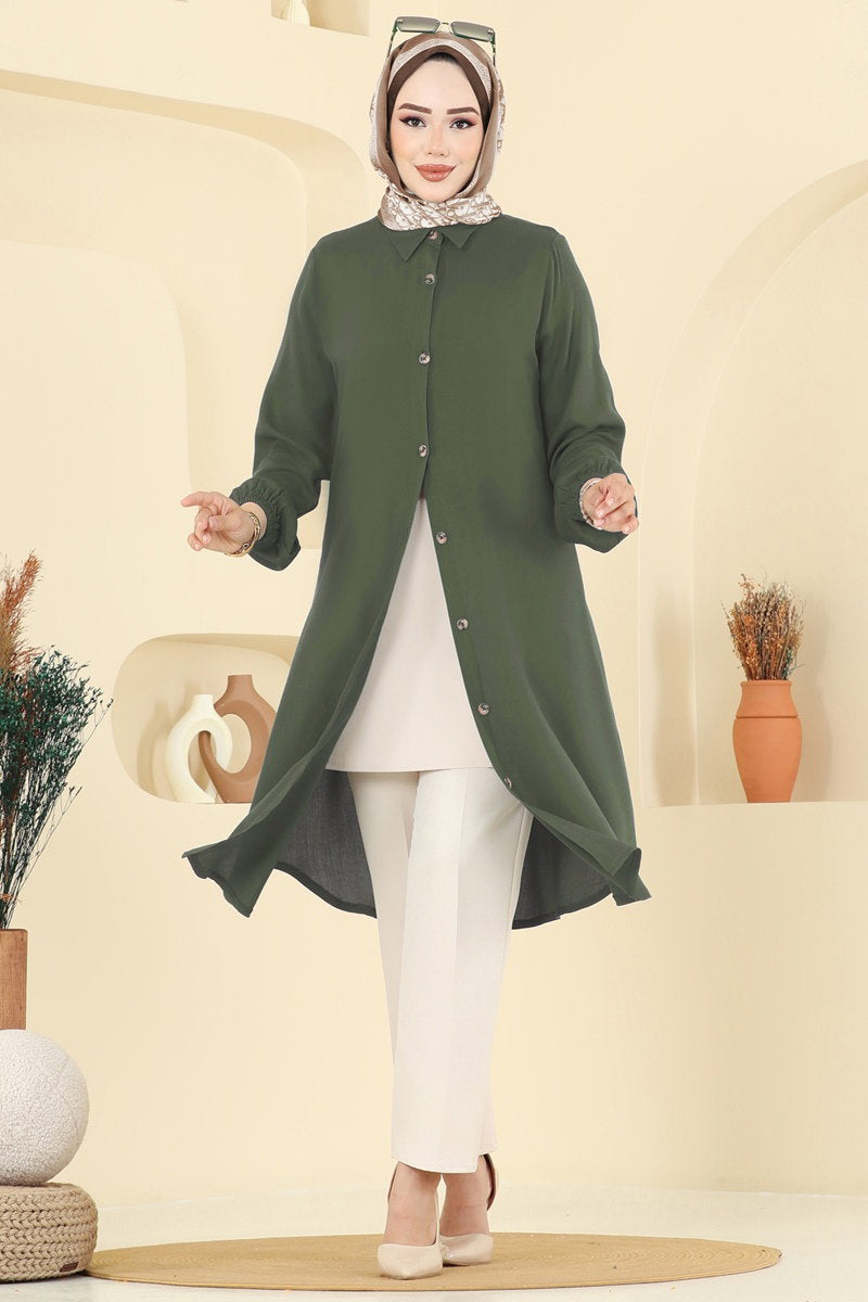 Viscose Tunic with Shirt Collar - Khaki