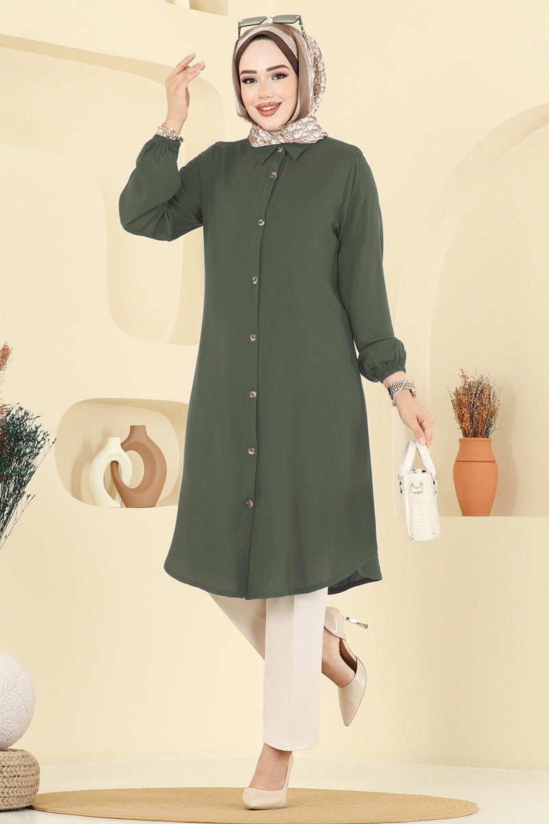 Viscose Tunic with Shirt Collar - Khaki
