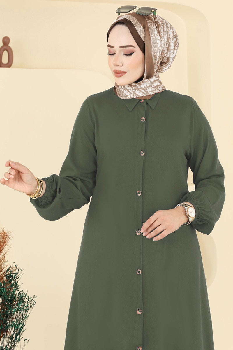 Viscose Tunic with Shirt Collar - Khaki