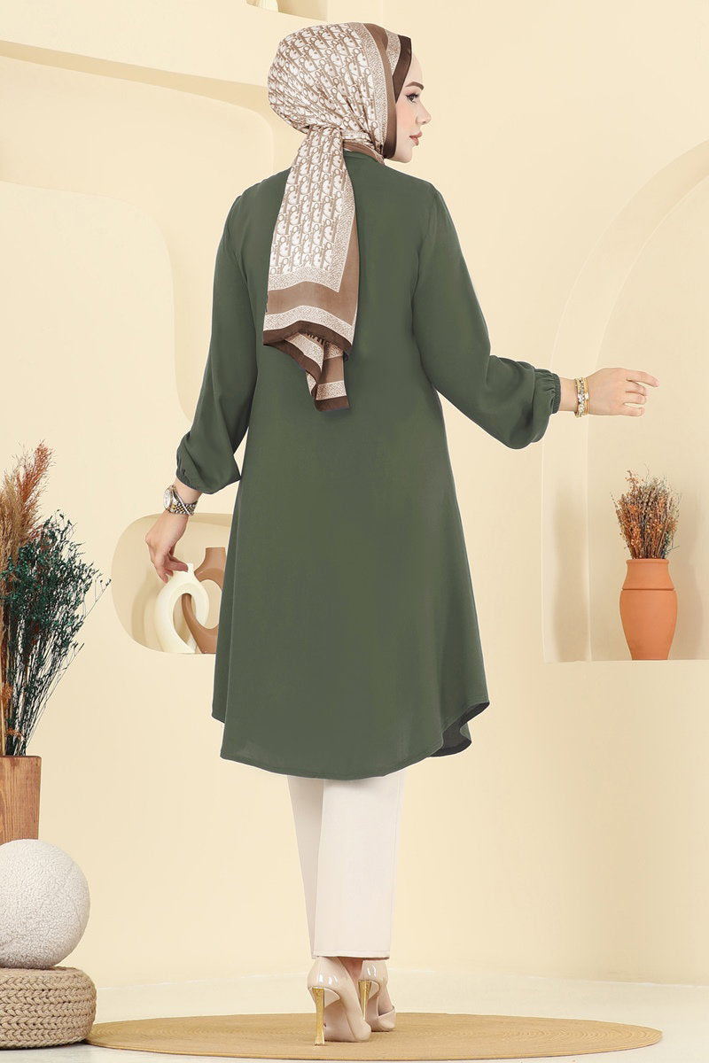 Viscose Tunic with Shirt Collar - Khaki