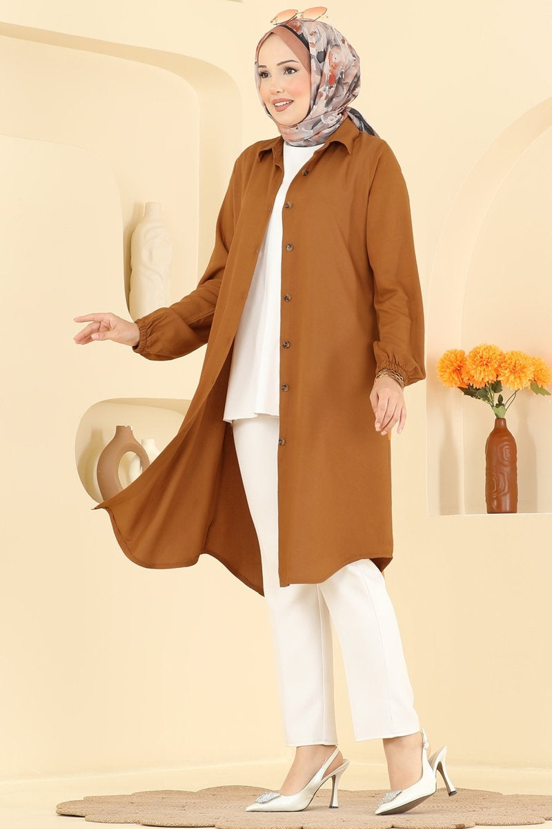 Viscose Tunic with Shirt Collar - Mustard