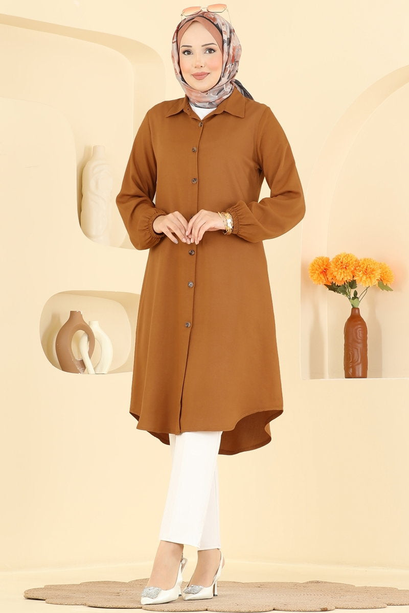 Viscose Tunic with Shirt Collar - Mustard
