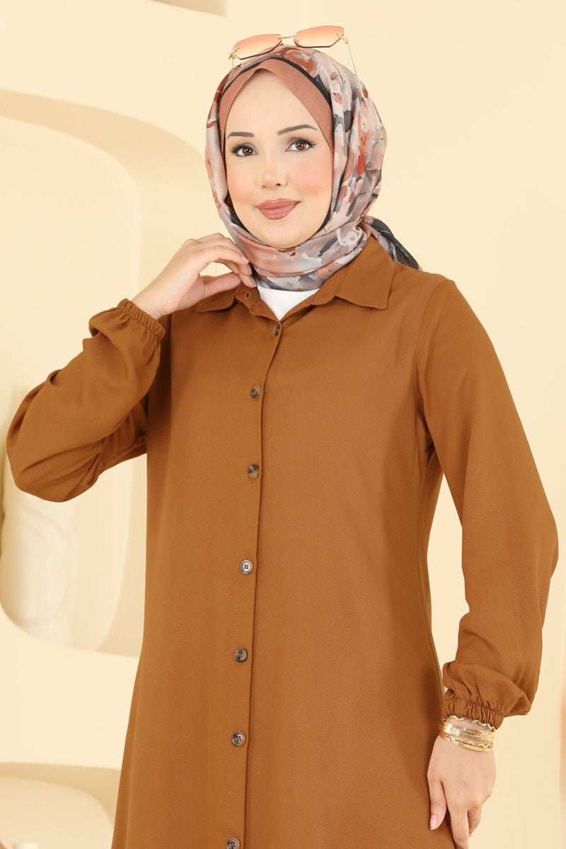 Viscose Tunic with Shirt Collar - Mustard