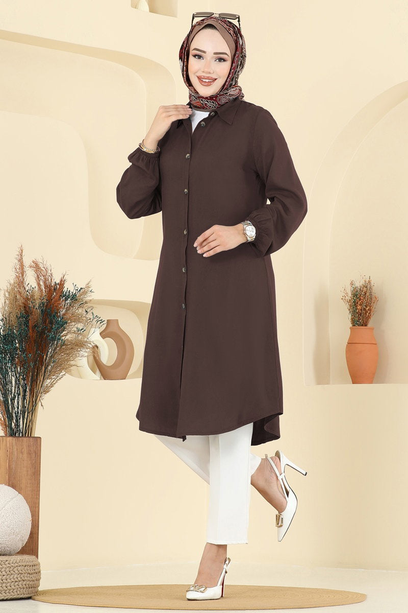 Viscose Tunic with Shirt Collar - Brown