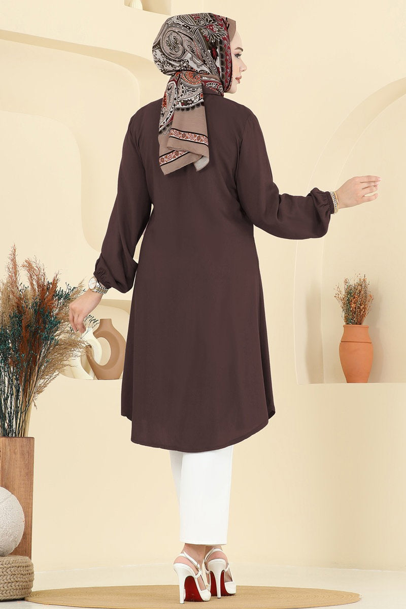 Viscose Tunic with Shirt Collar - Brown