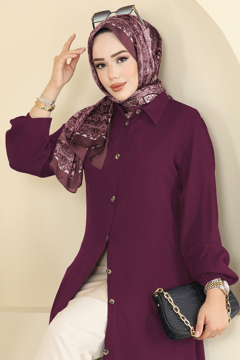 Viscose Tunic with Shirt Collar - Dark Burgundy