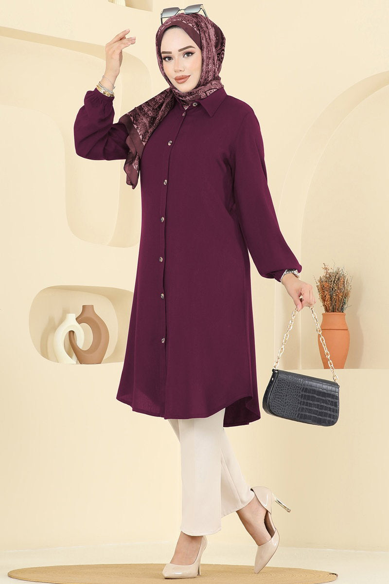 Viscose Tunic with Shirt Collar - Dark Burgundy