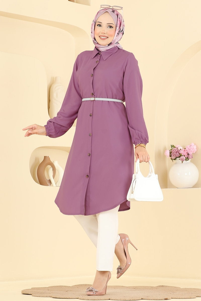 Viscose Tunic with Shirt Collar - Dark Dusty Rose
