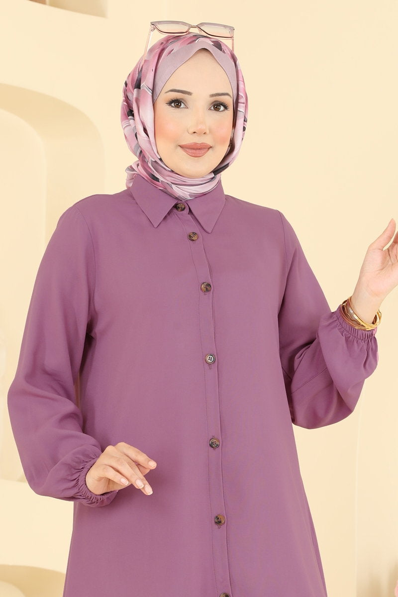 Viscose Tunic with Shirt Collar - Dark Dusty Rose