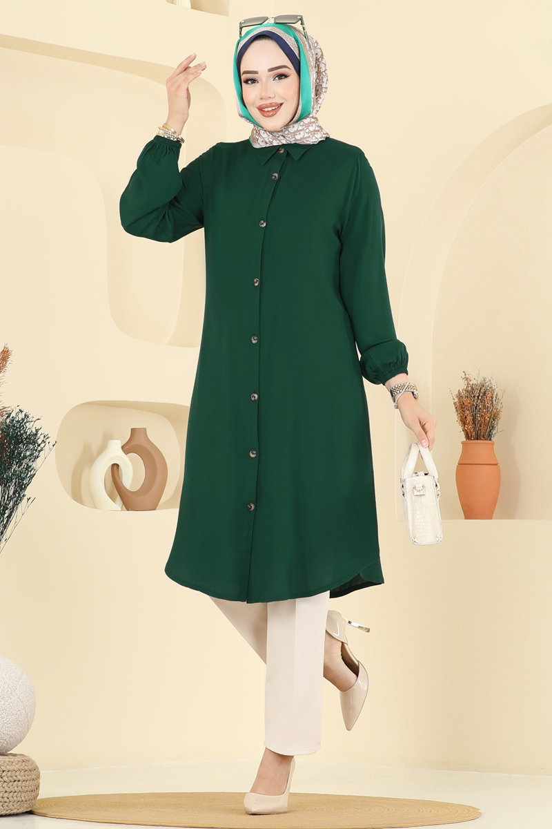 Viscose Tunic with Shirt Collar - Dark Emerald