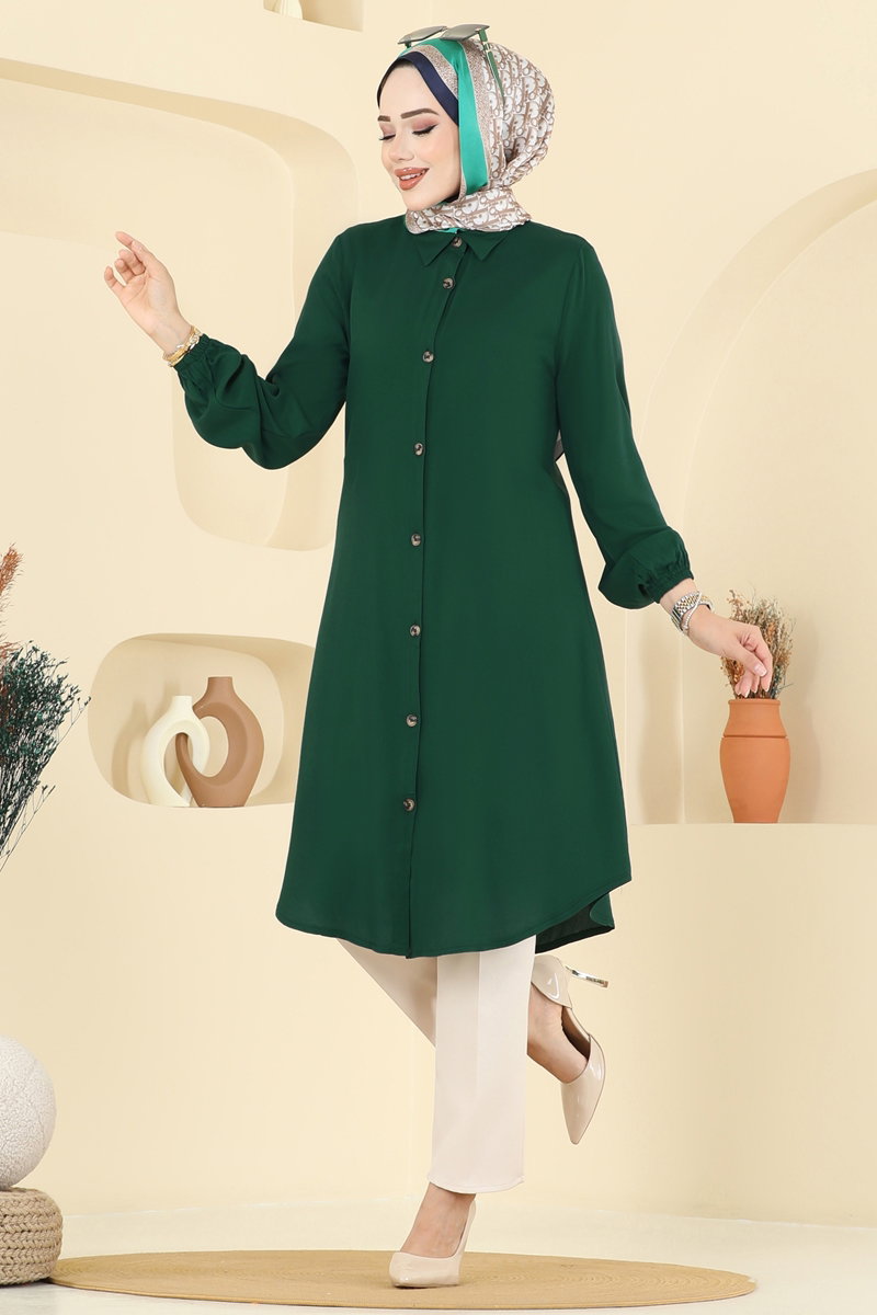 Viscose Tunic with Shirt Collar - Dark Emerald