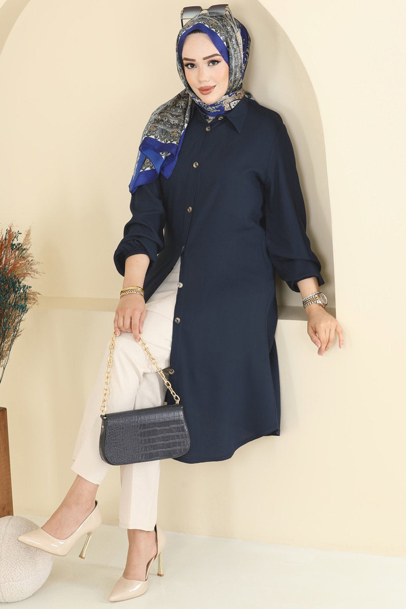 Viscose Tunic with Shirt Collar - Navy