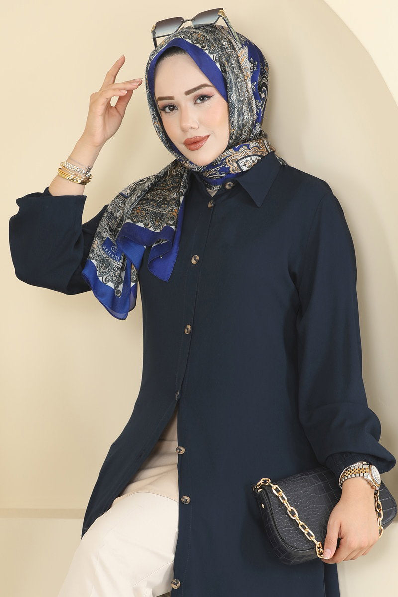 Viscose Tunic with Shirt Collar - Navy