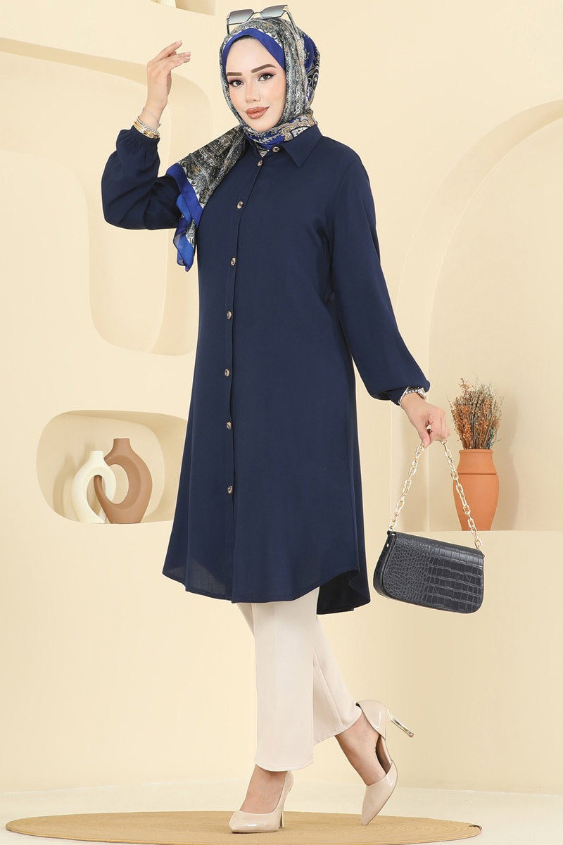Viscose Tunic with Shirt Collar - Navy