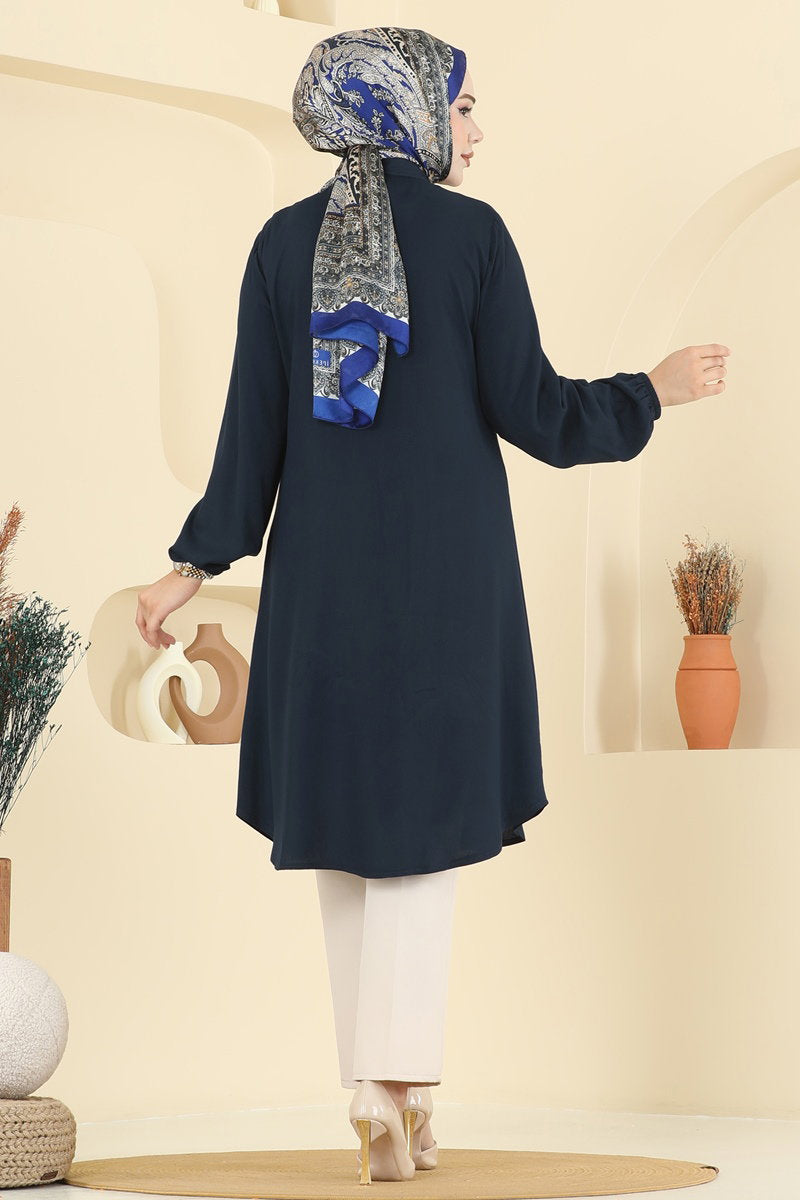 Viscose Tunic with Shirt Collar - Navy