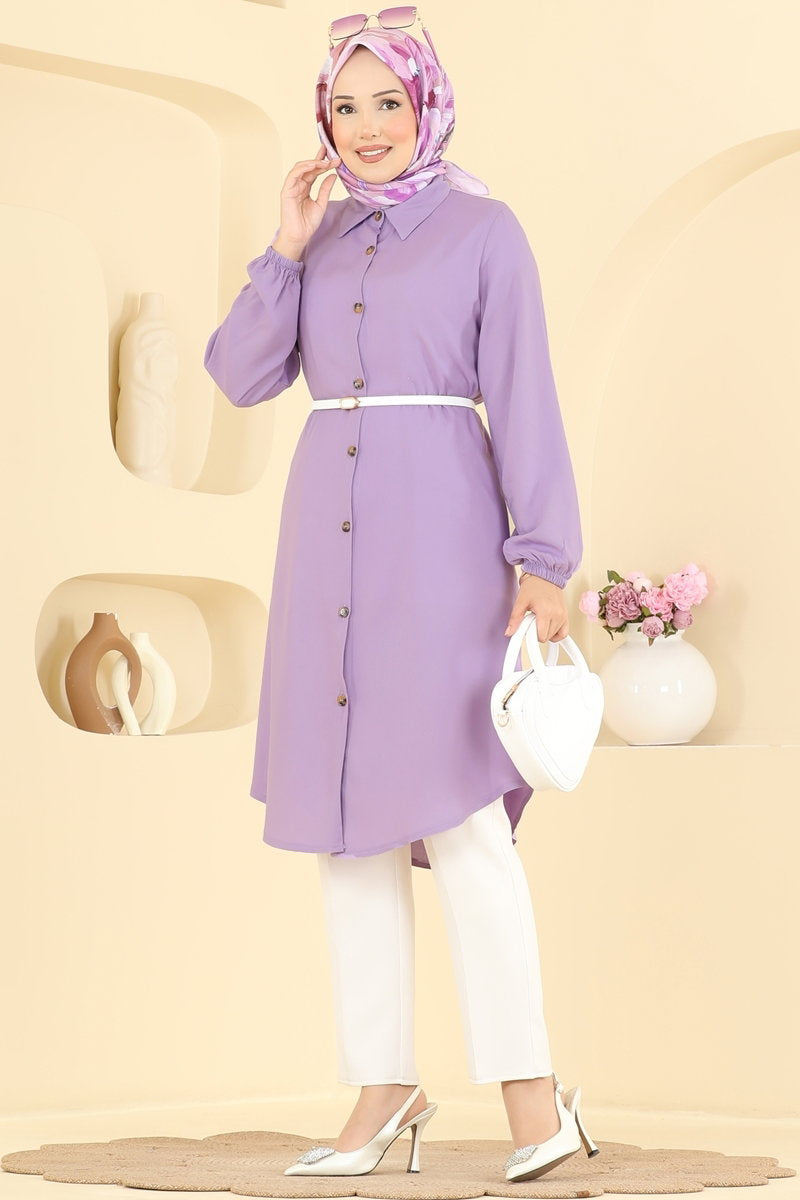 Viscose Tunic with Shirt Collar - Lilac