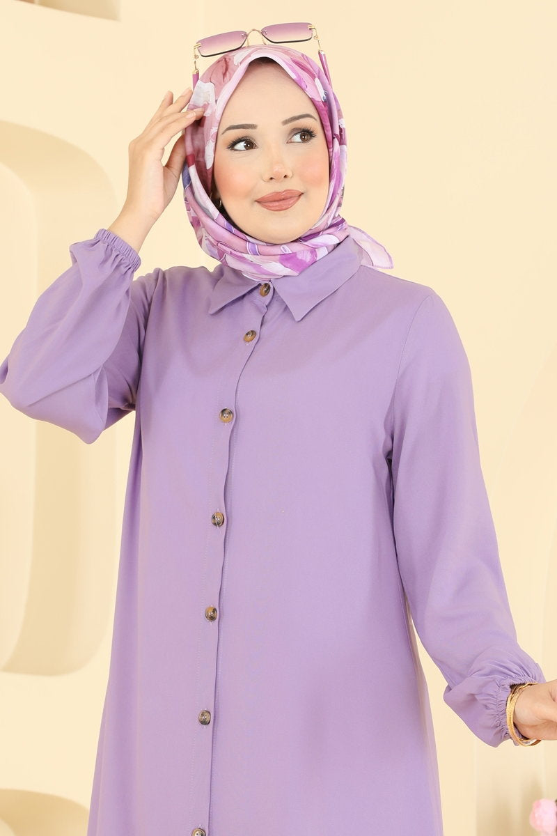 Viscose Tunic with Shirt Collar - Lilac