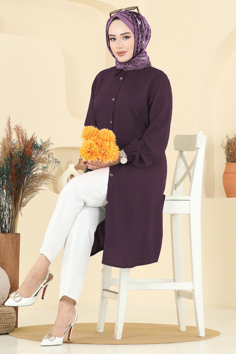 Viscose Tunic with Shirt Collar - Plum