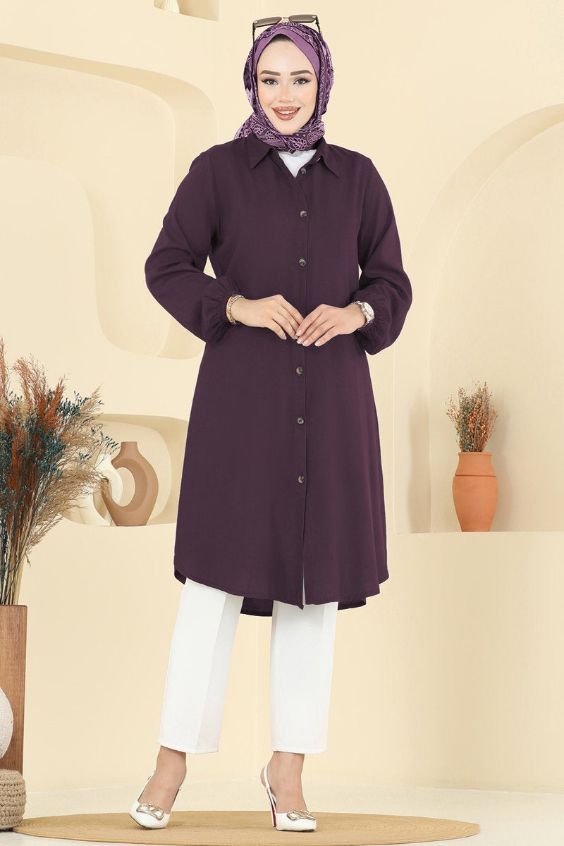 Viscose Tunic with Shirt Collar - Plum