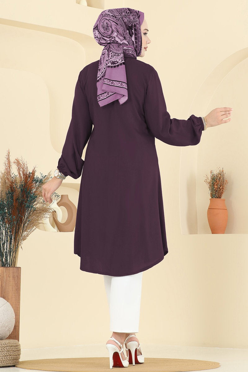 Viscose Tunic with Shirt Collar - Plum