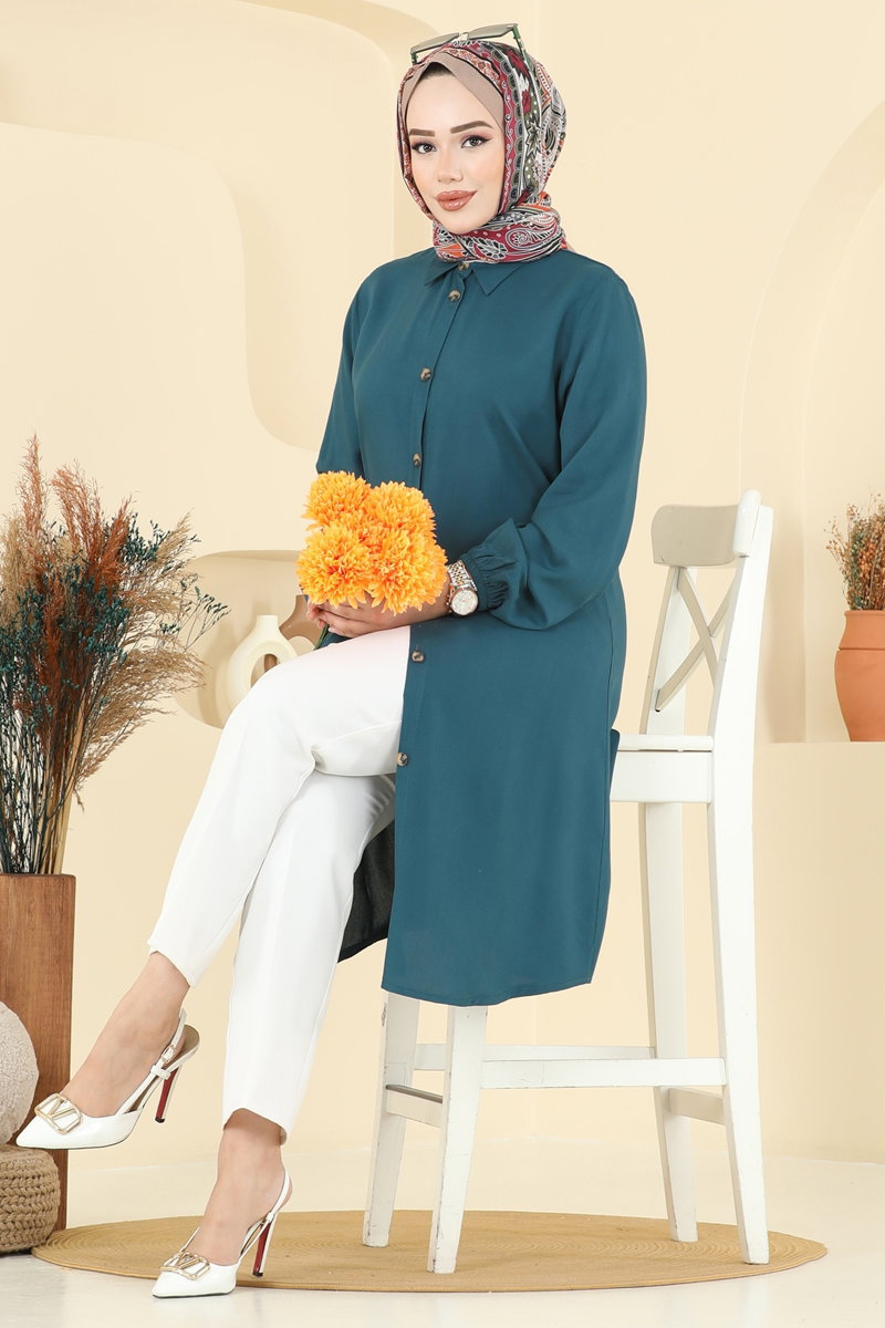 Viscose Tunic with Shirt Collar - Teal