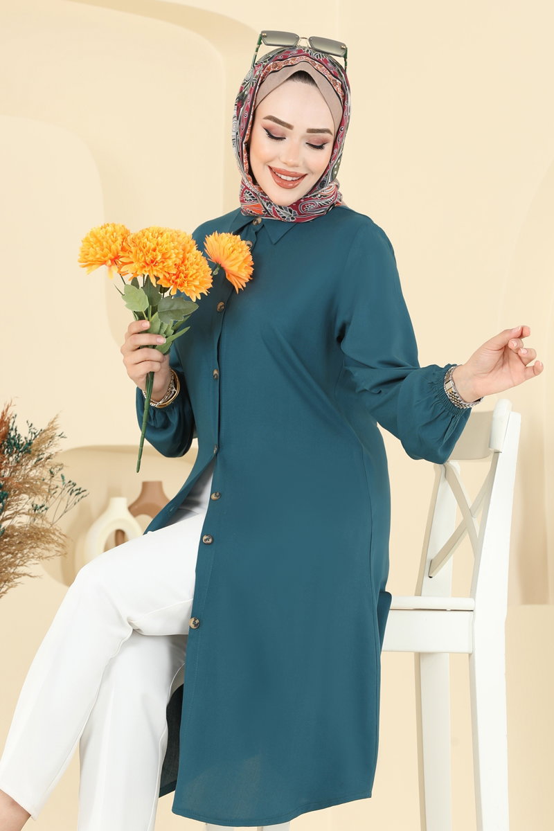 Viscose Tunic with Shirt Collar - Teal