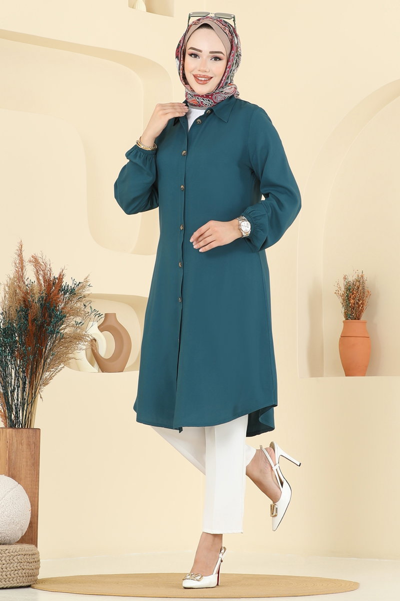 Viscose Tunic with Shirt Collar - Teal