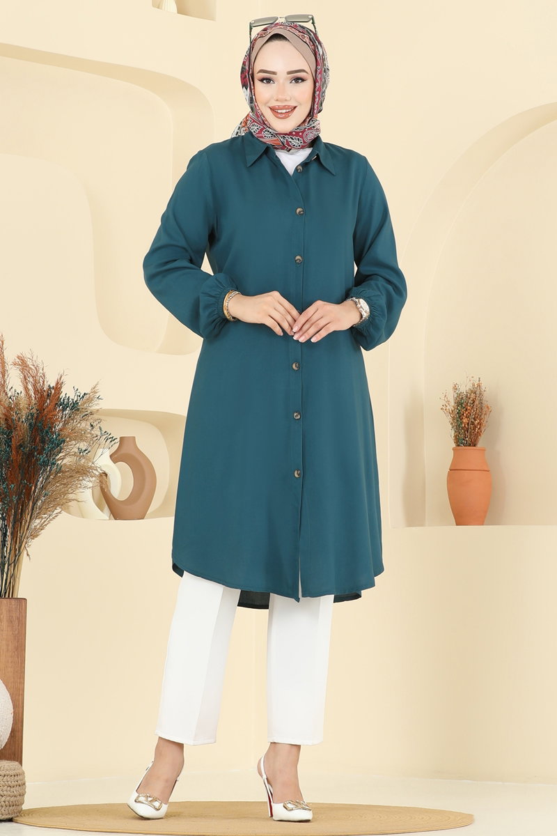 Viscose Tunic with Shirt Collar - Teal