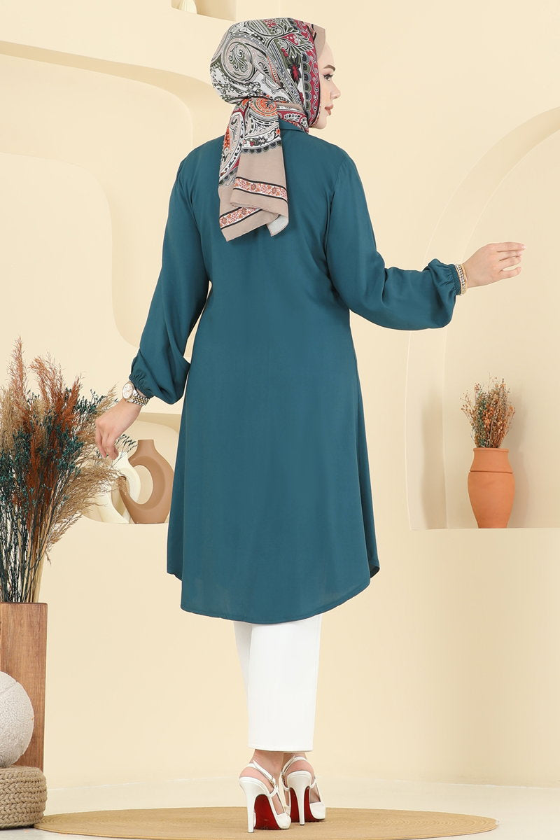 Viscose Tunic with Shirt Collar - Teal