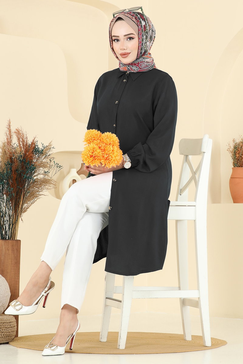 Viscose Tunic with Shirt Collar - Black