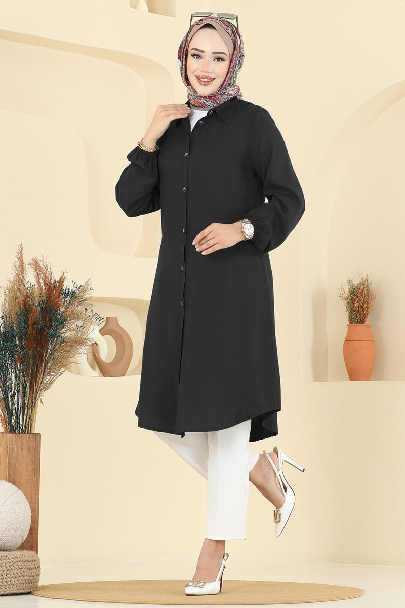 Viscose Tunic with Shirt Collar - Black