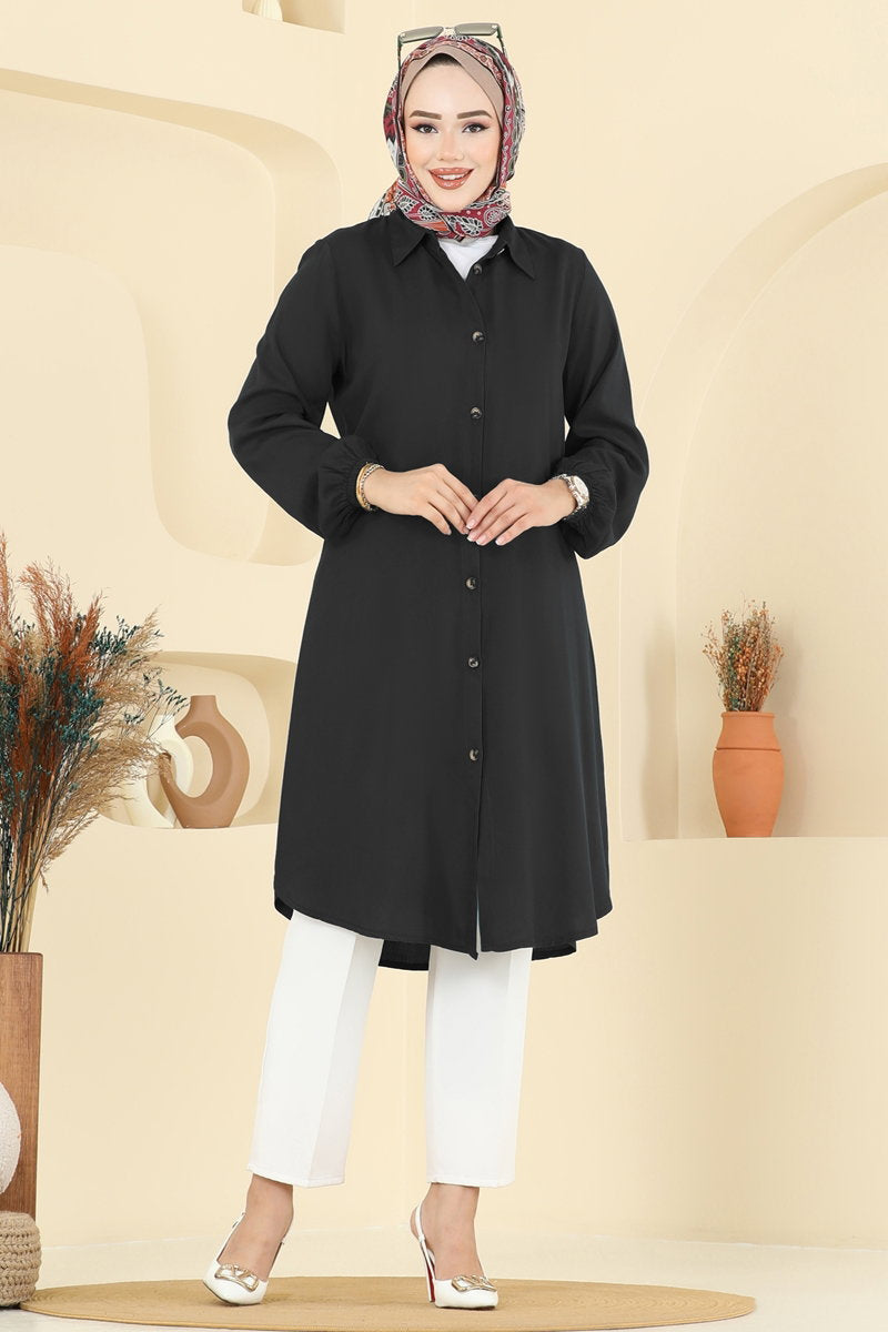Viscose Tunic with Shirt Collar - Black