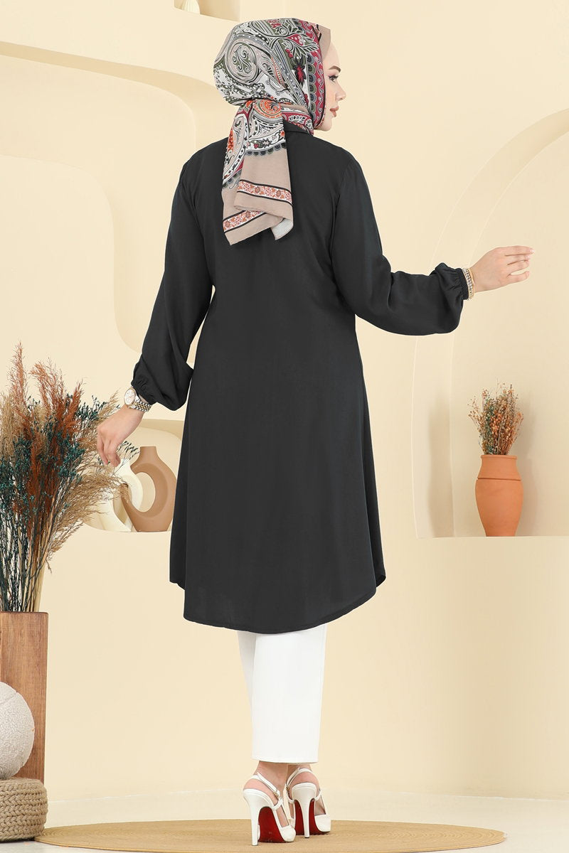 Viscose Tunic with Shirt Collar - Black