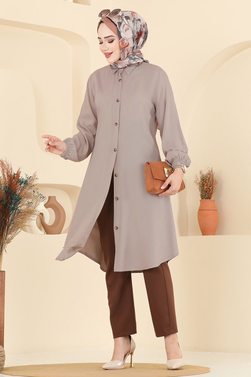 Viscose Tunic with Shirt Collar - Mink