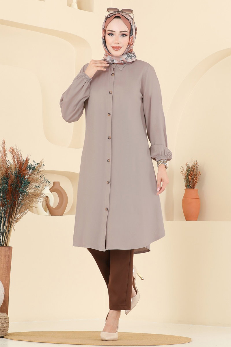 Viscose Tunic with Shirt Collar - Mink