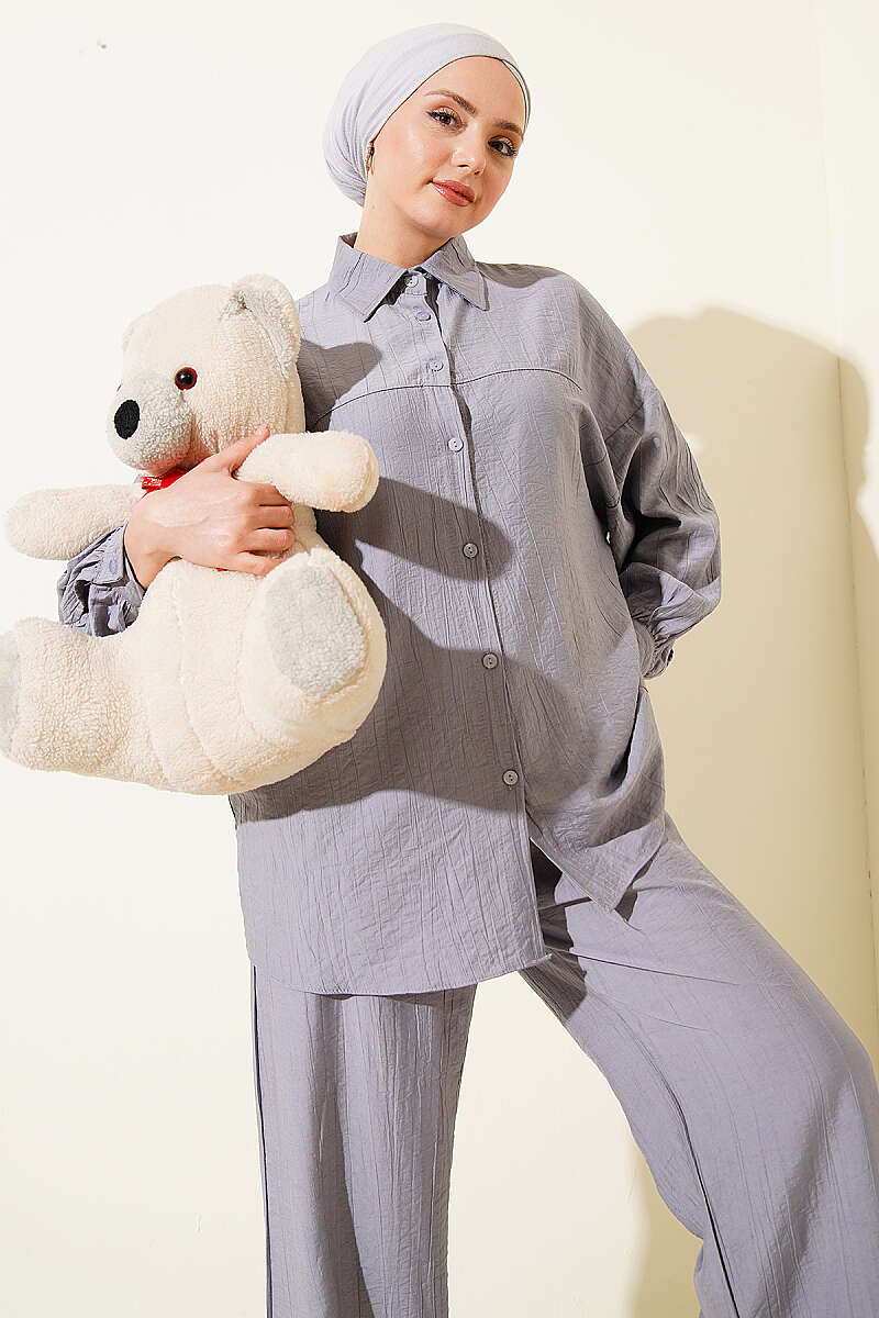 Shirt-Collar Two-Piece Set with Stitch Detail - Grey
