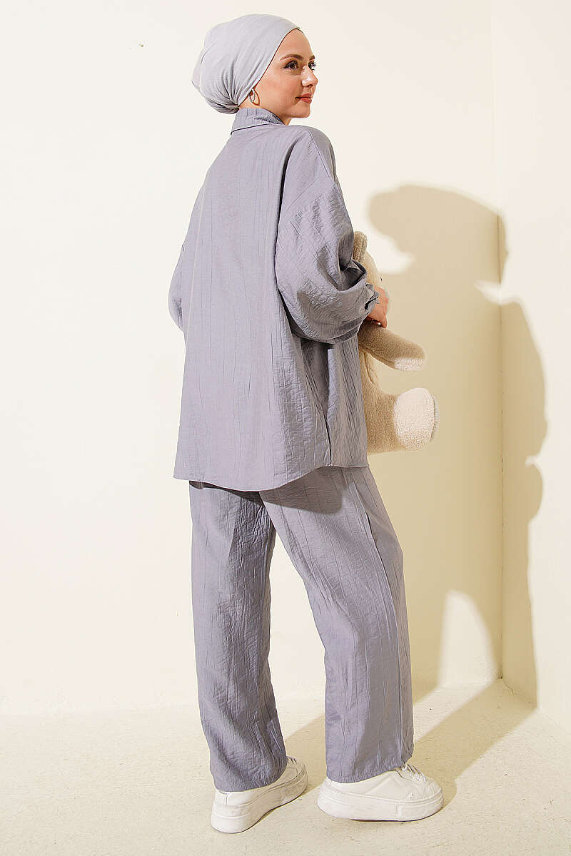 Shirt-Collar Two-Piece Set with Stitch Detail - Grey