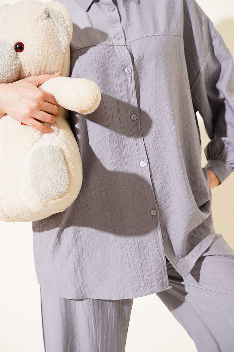 Shirt-Collar Two-Piece Set with Stitch Detail - Grey