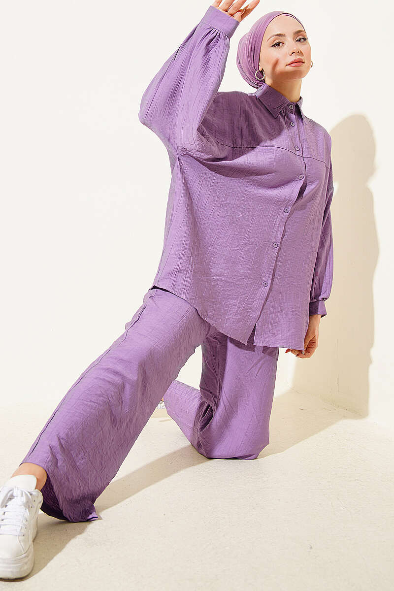 Shirt-Collar Two-Piece Set with Stitch Detail - Lilac