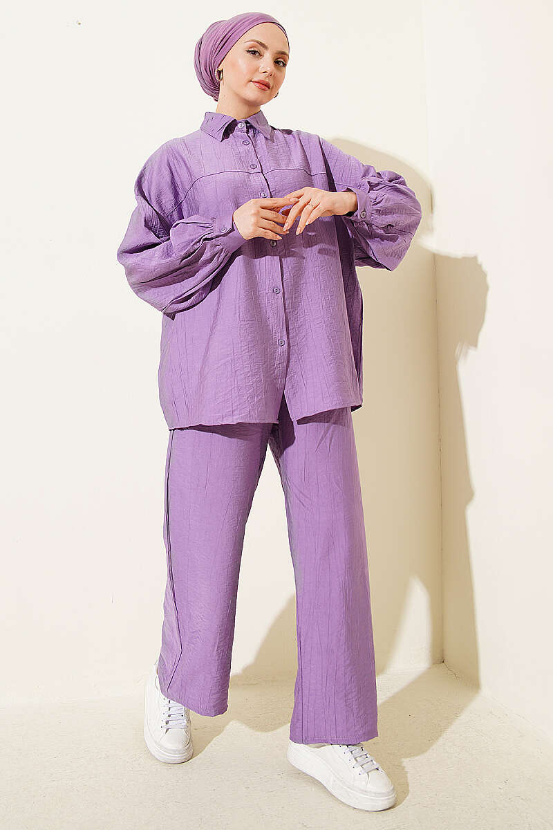 Shirt-Collar Two-Piece Set with Stitch Detail - Lilac