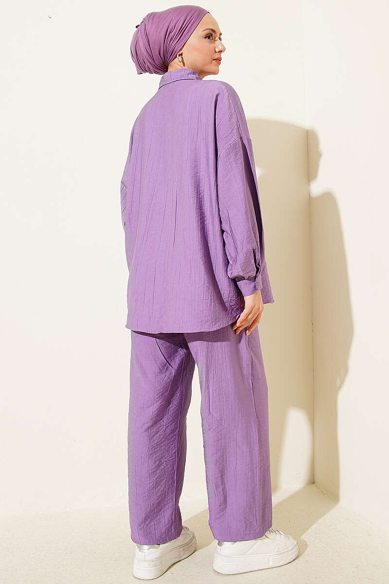Shirt-Collar Two-Piece Set with Stitch Detail - Lilac