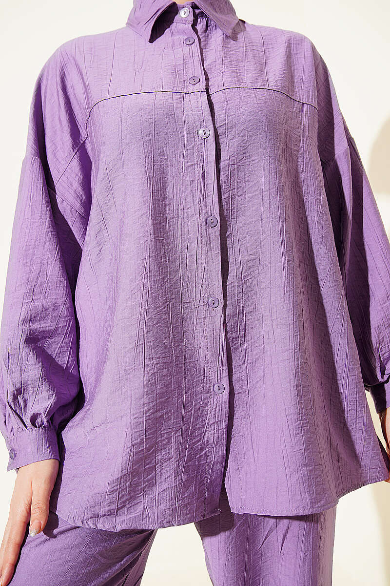 Shirt-Collar Two-Piece Set with Stitch Detail - Lilac
