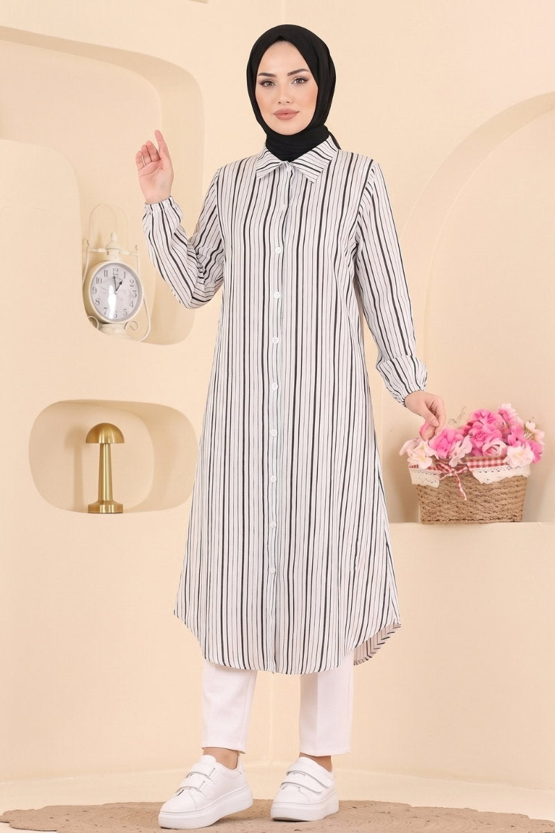 Shirt-Collar Woven Tunic with Print - Black
