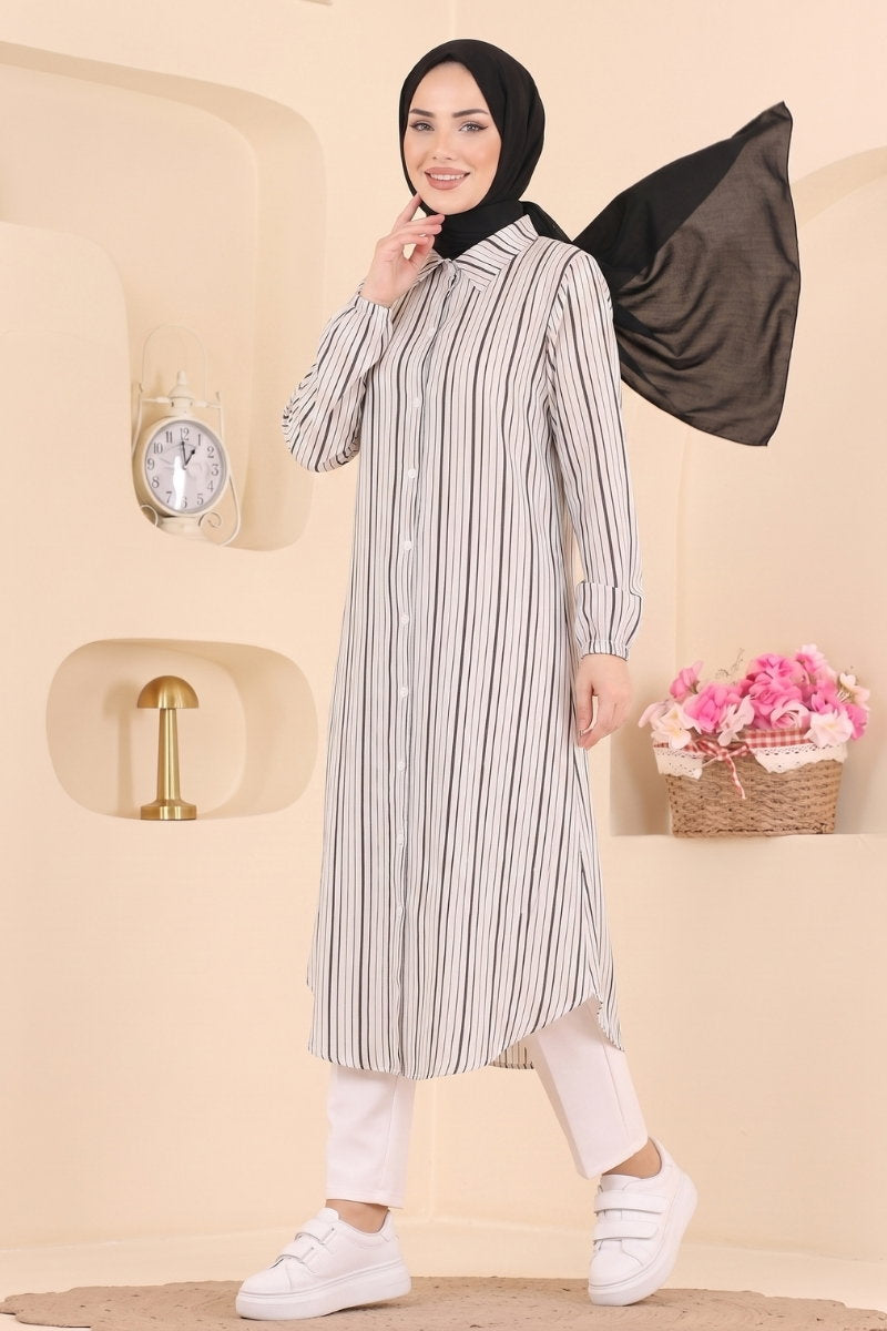 Shirt-Collar Woven Tunic with Print - Black