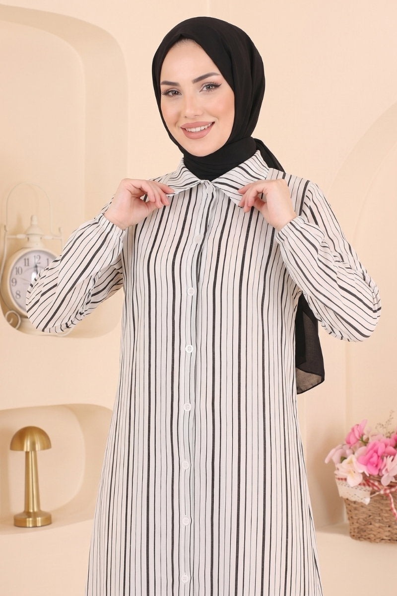 Shirt-Collar Woven Tunic with Print - Black