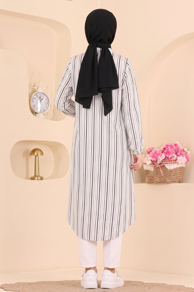 Shirt-Collar Woven Tunic with Print - Black