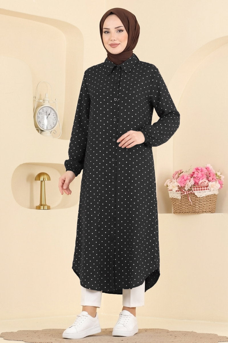 Shirt-Collar Woven Tunic - Black